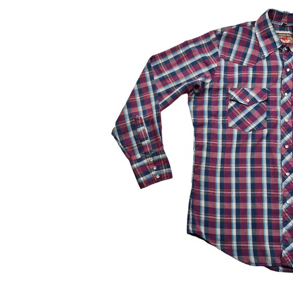 Young Bloods Shirt Men's L/S Plaid Pearl Snap Up Pockets Purple Blue Yellow L - Picture 3 of 11